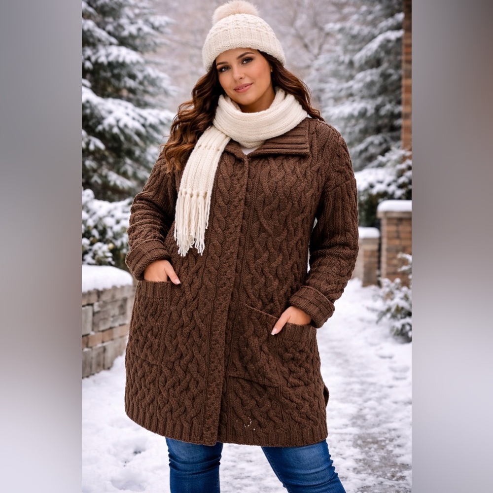Aran Crafts Women's Irish Cable Knitted Wool Zip Coat 100% Merino Wool Size X XL